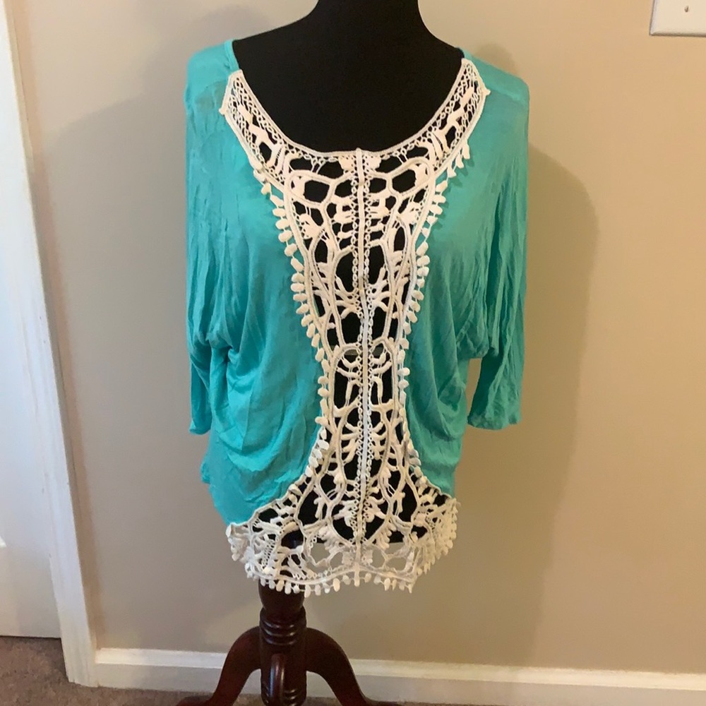 EUC Blue Long Sleeve Top with White Lacy Front
